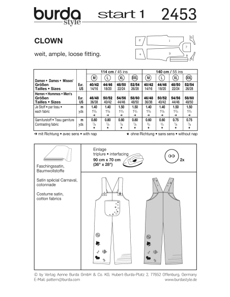 Patron Burda Carnaval 2453 - Déguisement Clown & Paysan Adulte Mixte