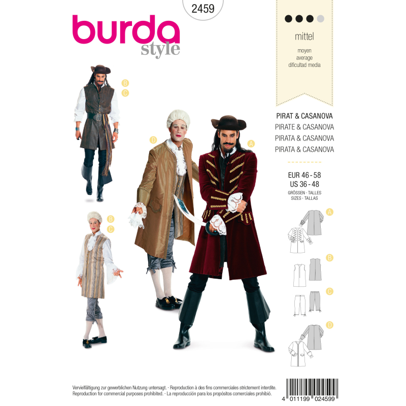 Patron Burda Carnaval 2459 - Déguisement Historique Pirate & Casanova Homme