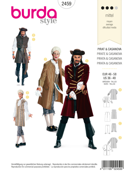 Patron Burda Carnaval 2459 - Déguisement Historique Pirate & Casanova Homme