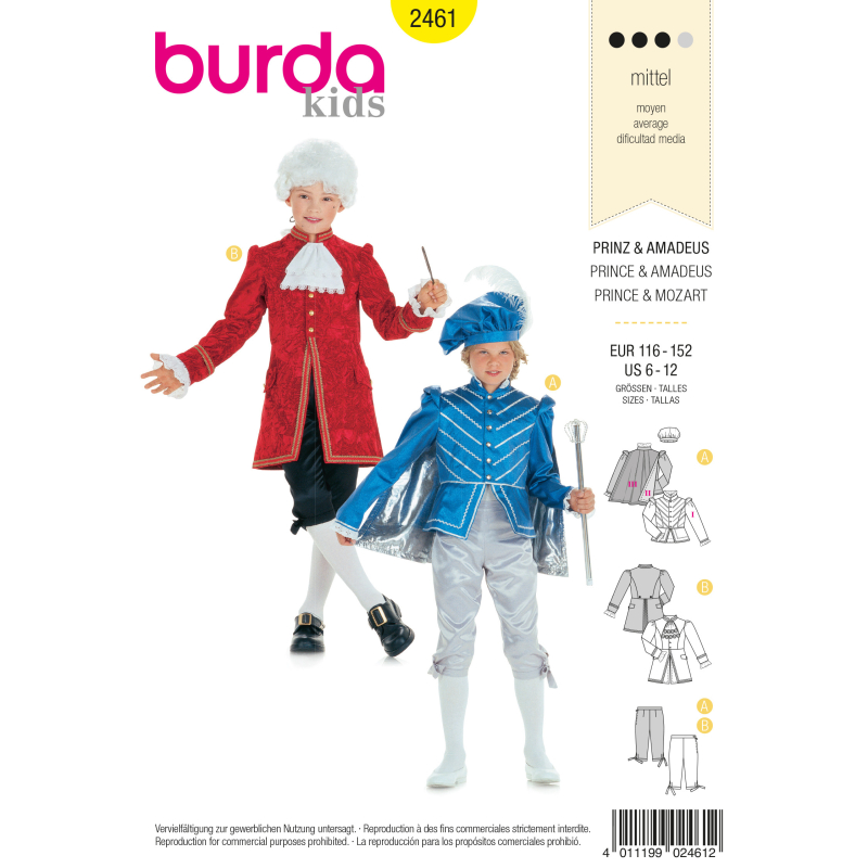Patron Burda Carnaval 2461 - Déguisement Historique Prince et Mozart enfant