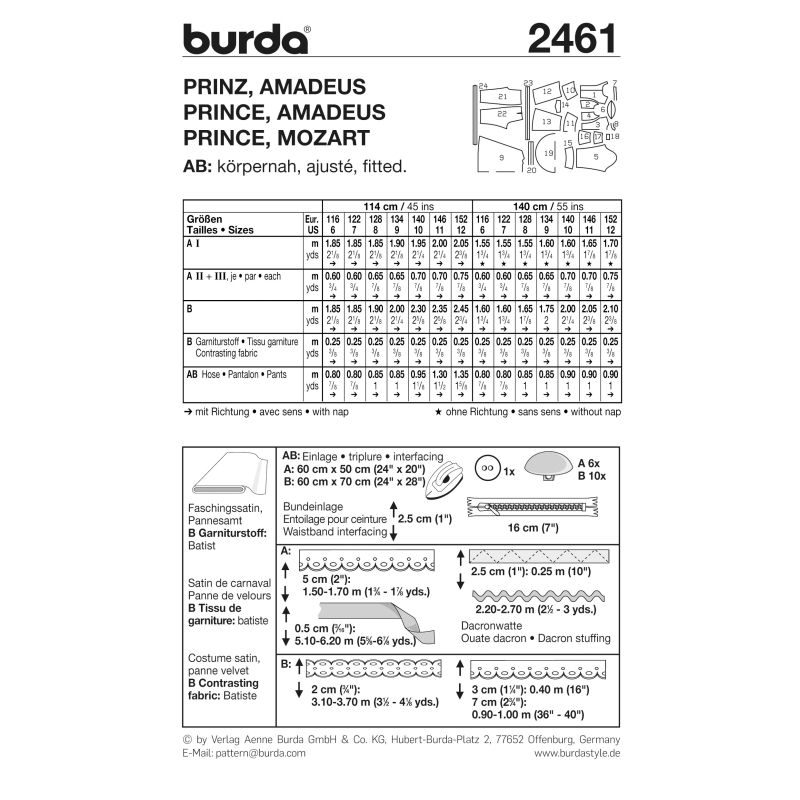 Patron Burda Carnaval 2461 - Déguisement Historique Prince et Mozart enfant