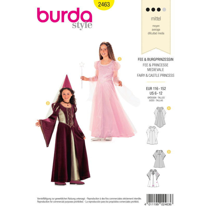 Patron Burda Carnaval 2463 - Déguisement Historique Fée et Princesse médiévale enfant