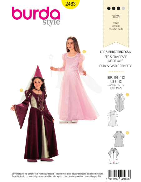 Patron Burda Carnaval 2463 - Déguisement Historique Fée et Princesse médiévale enfant