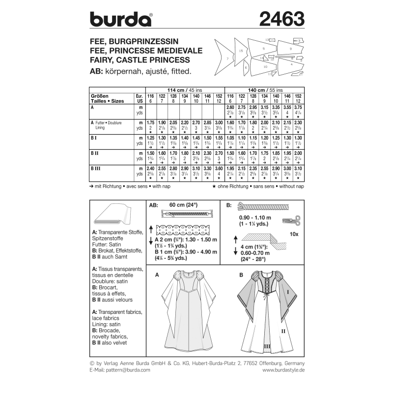 Patron Burda Carnaval 2463 - Déguisement Historique Fée et Princesse médiévale enfant