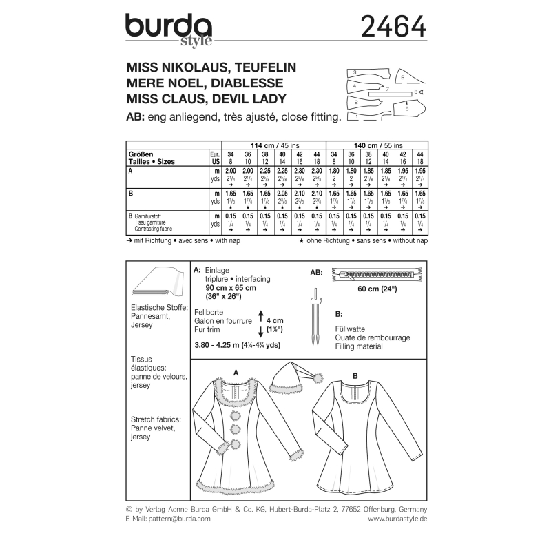 Patron Burda Carnaval 2464 - Déguisement Mère Noël, Diablesse, Infirmière Femme