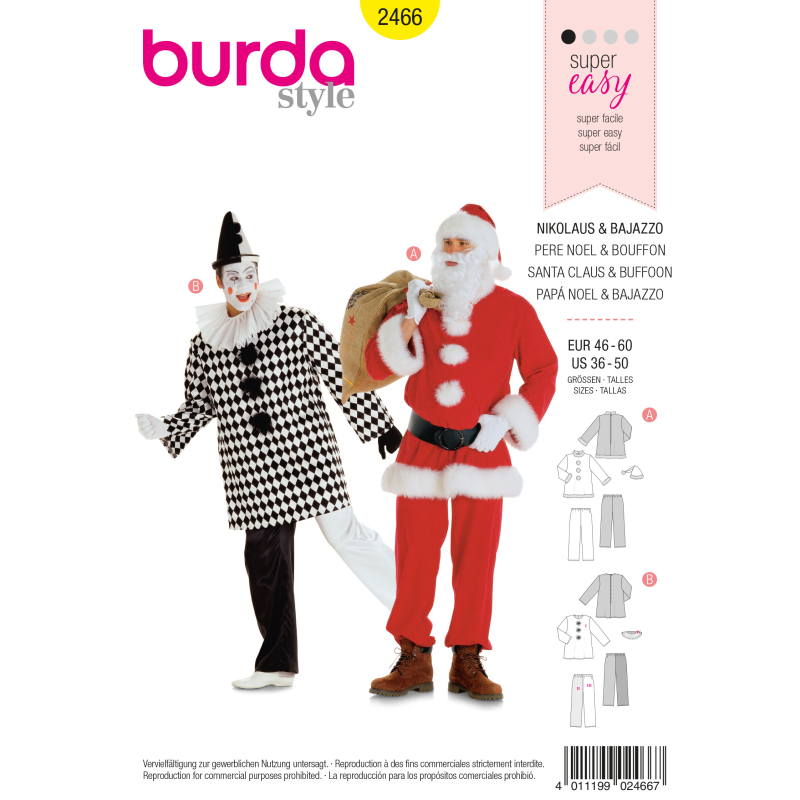 Patron Burda Carnaval 2466 - Déguisement Père Noel & Pierrot Homme