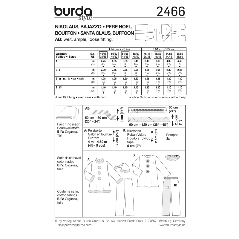 Patron Burda Carnaval 2466 - Déguisement Père Noel & Pierrot Homme