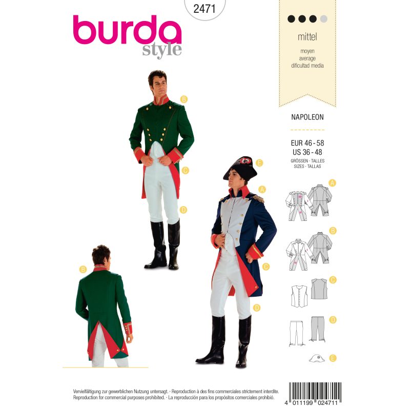 Patron Burda Carnaval 2471 - Déguisement Historique Napoléon Homme