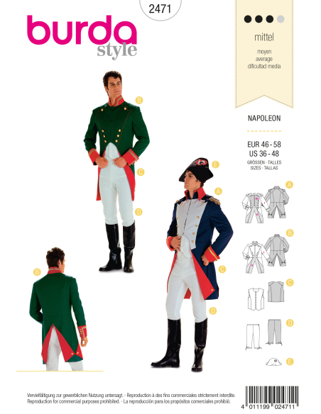 Patron Burda Carnaval 2471 - Déguisement Historique Napoléon Homme