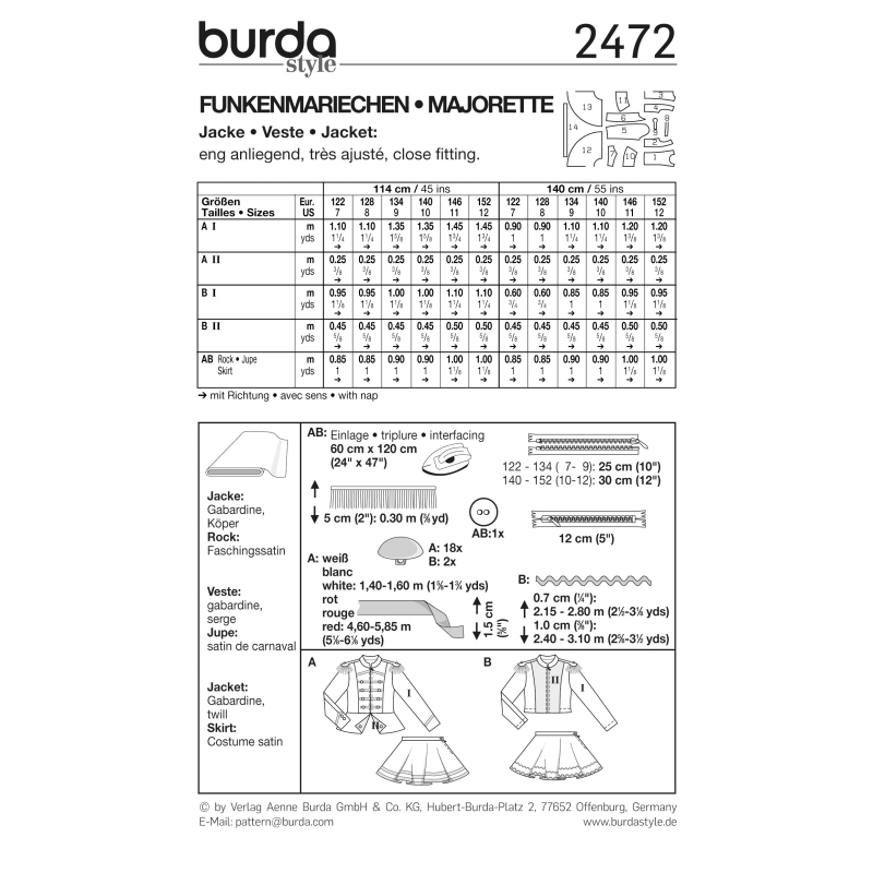 Patron Burda Carnaval 2472 - Déguisement Majorette enfant