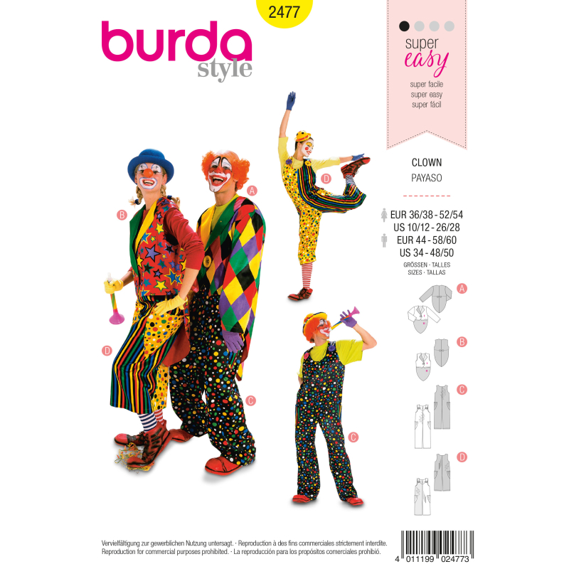 Patron Burda Carnaval 2477 - Déguisement Clown Adulte Mixte