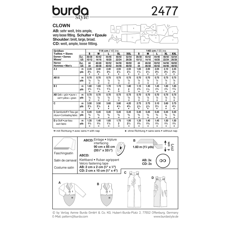 Patron Burda Carnaval 2477 - Déguisement Clown Adulte Mixte
