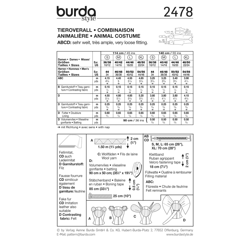 Patron Burda Carnaval 2478 - Déguisement Combinaison animale Adulte