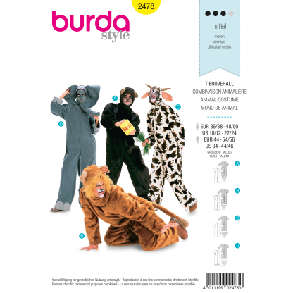 Patron Burda Carnaval 2478 - Déguisement Combinaison animale Adulte