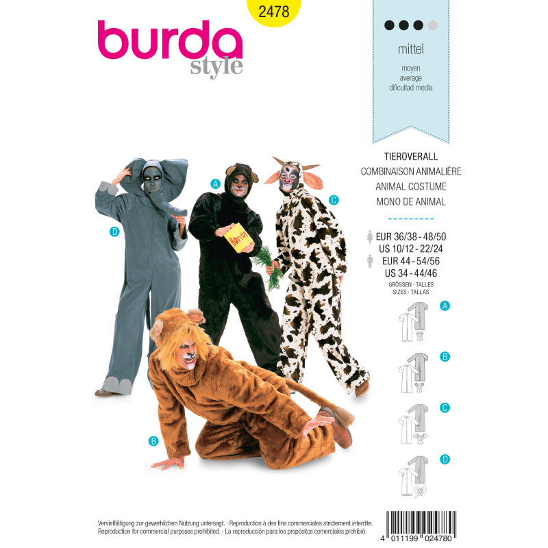 Patron Burda Carnaval 2478 Déguisement Combinaison animale Adulte