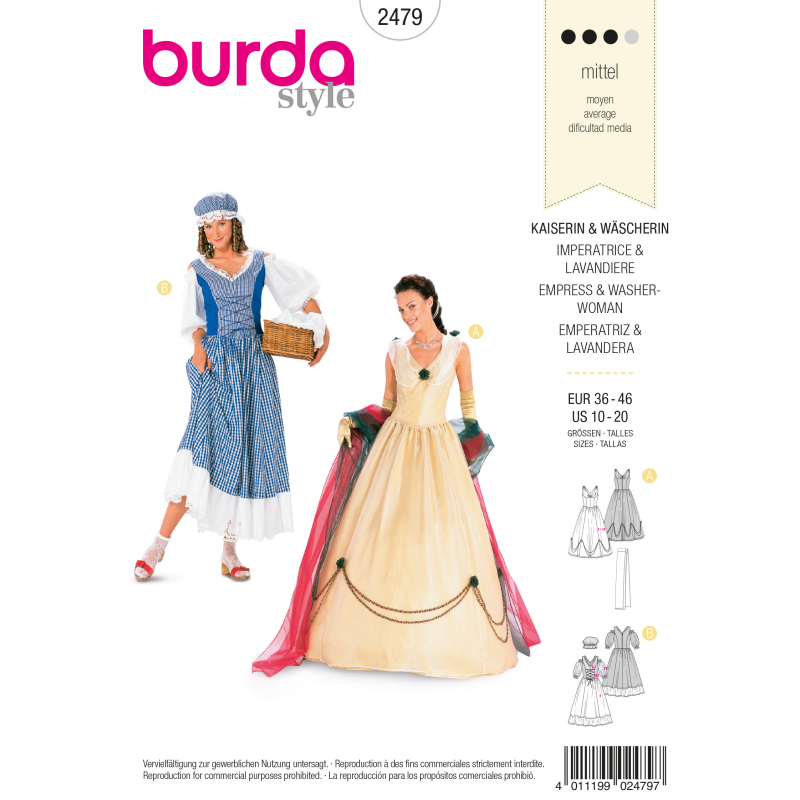 Patron Burda Carnaval 2479 - Déguisement Historique Impératrice & Lavandière Femme