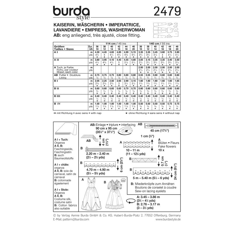 Patron Burda Carnaval 2479 - Déguisement Historique Impératrice & Lavandière Femme