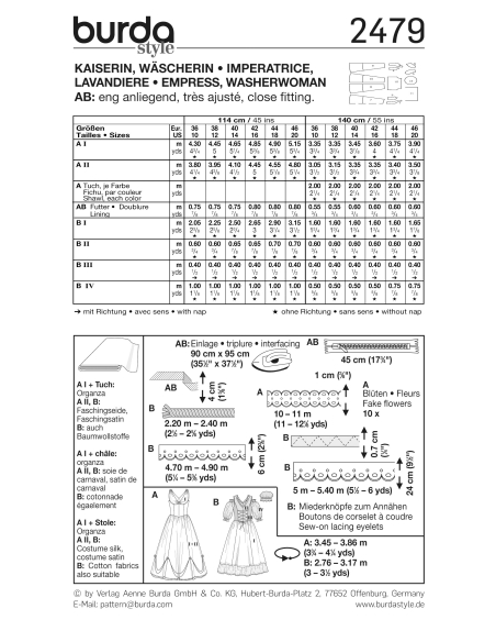 Patron Burda Carnaval 2479 - Déguisement Historique Impératrice & Lavandière Femme