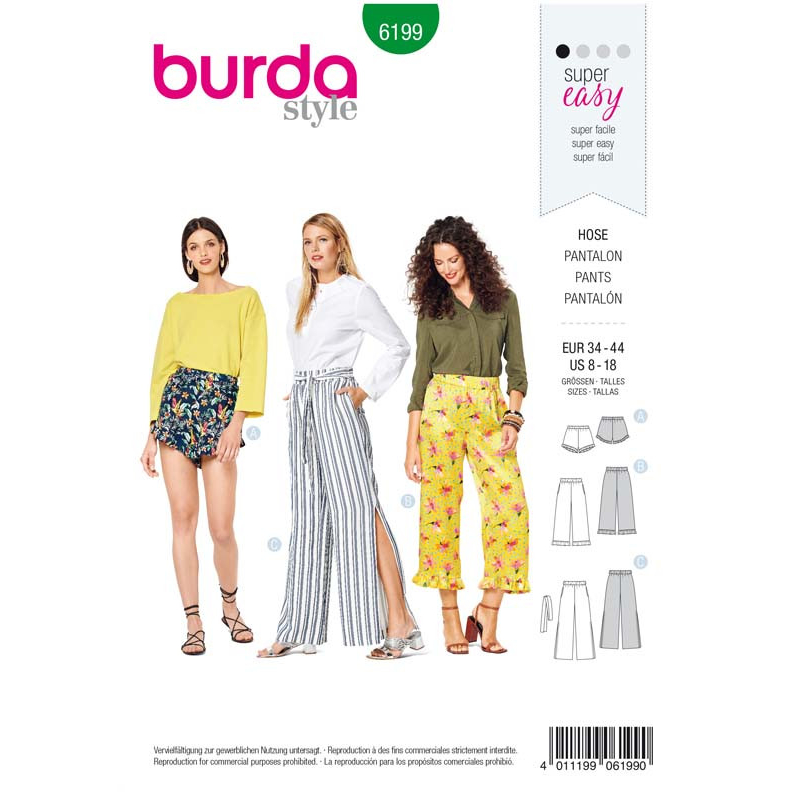 Patron Burda 6199 - Pantalon léger femme, short ou pantacourt - volantés & taille élastiquée