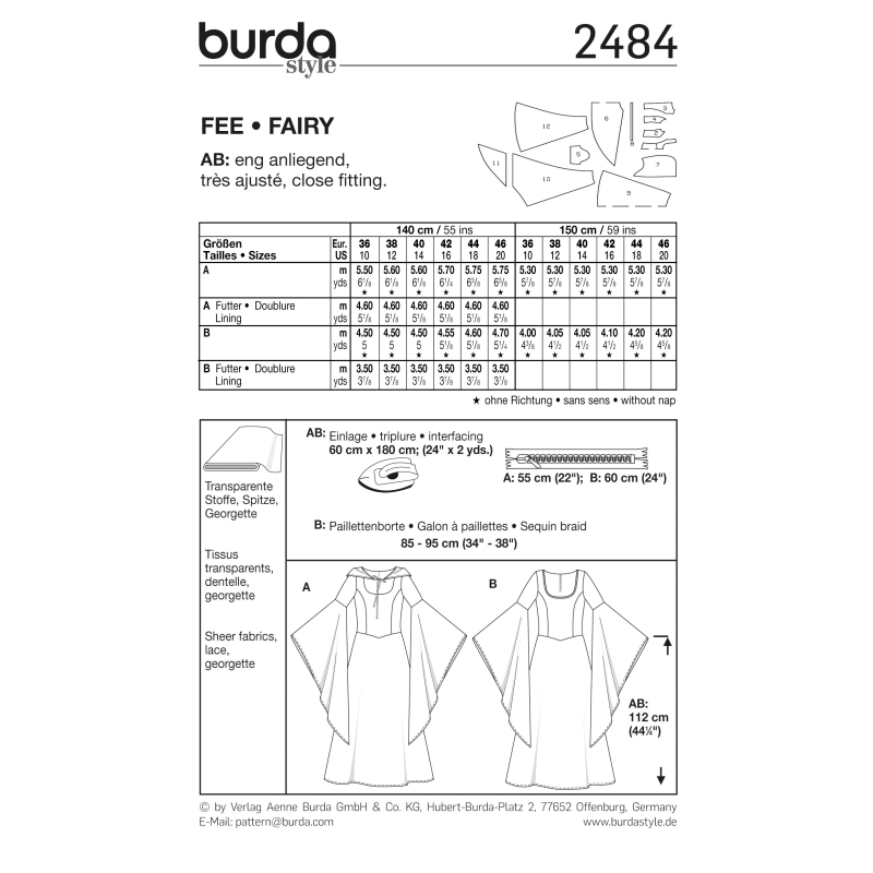 Patron Burda Carnaval 2484 - Déguisement Historique Fée Femme
