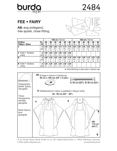 Patron Burda Carnaval 2484 - Déguisement Historique Fée Femme