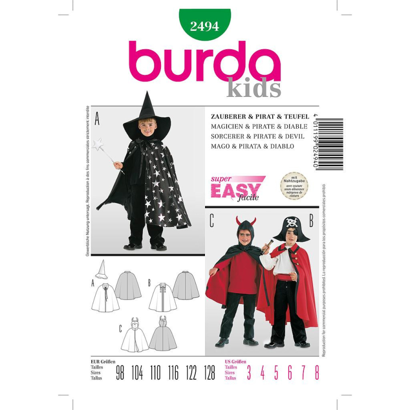 Patron Burda Carnaval 2494 - Déguisement Cape et Chapeau de Magicien, Pirate et Diable enfant