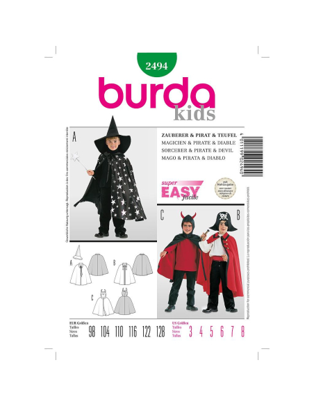 Patron Burda Carnaval 2494 - Déguisement Cape et Chapeau de Magicien, Pirate et Diable enfant