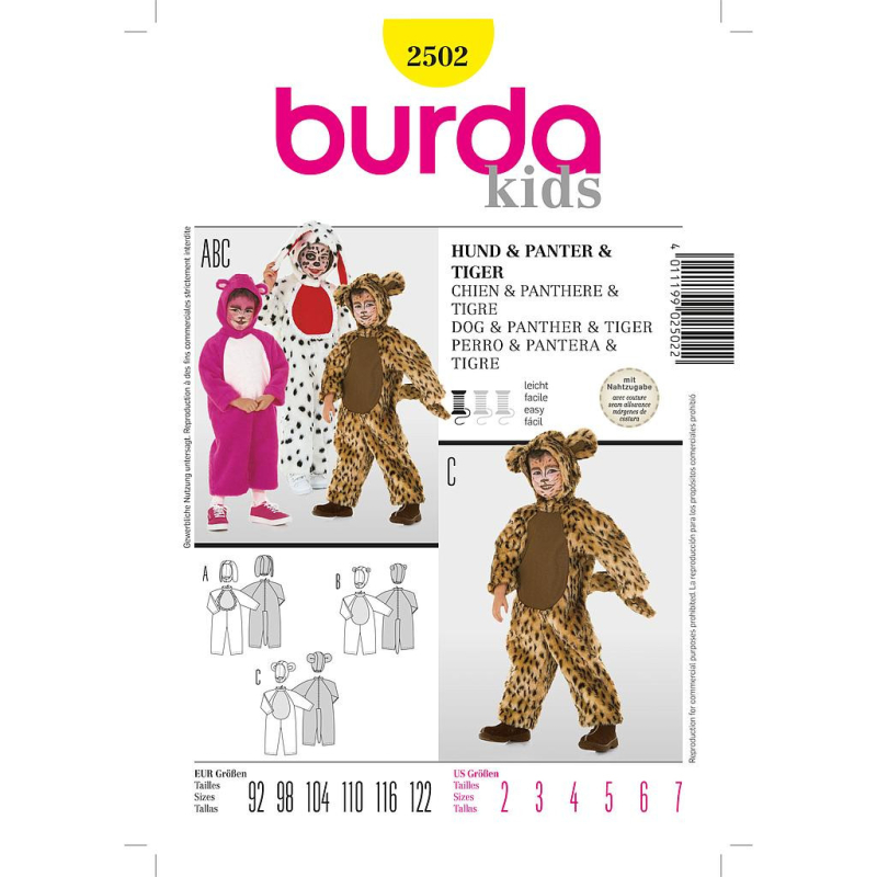 Patron Burda Carnaval 2502 - Déguisement Chien, Panthère & Tigre enfant