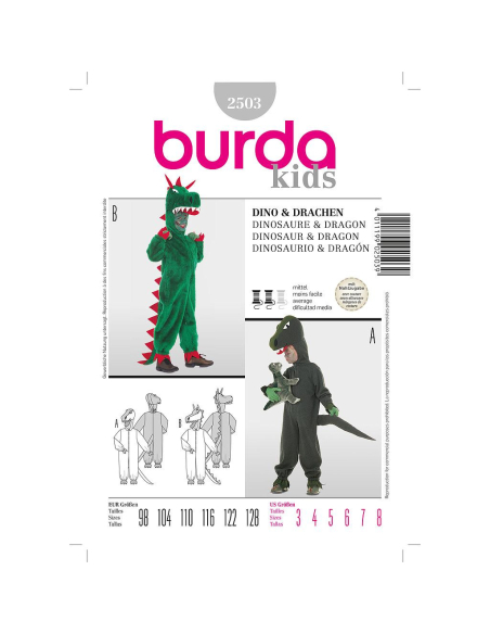 Patron Burda Carnaval 2503 - Déguisement Combinaison Dinosaure & Dragon enfant