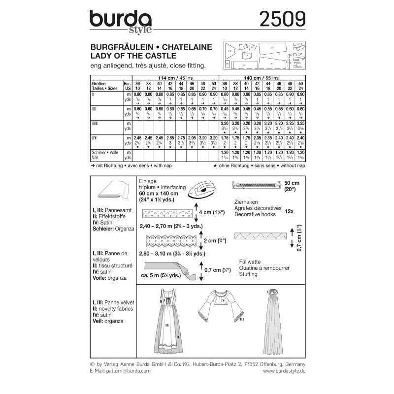Patron Burda Carnaval 2509 - Déguisement Historique Châtelaine Femme