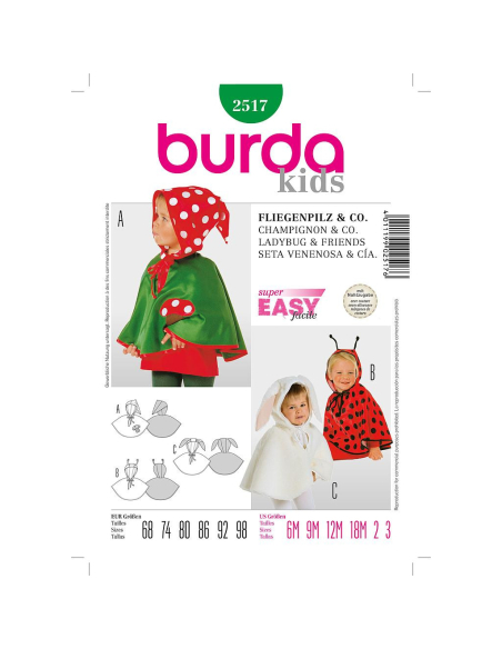 Patron Burda Carnaval 2517 - Déguisement Cape lapin, Coccinelle, Champignon bébé