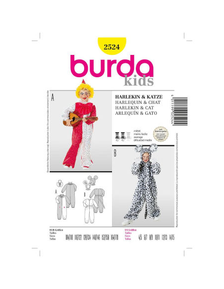 Patron Burda Carnaval 2524 - Déguisement Arlequin et Chat enfant