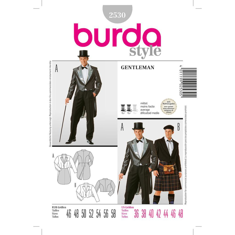 Patron Burda Carnaval 2530 - Déguisement Veste Gentleman & Highlander Homme