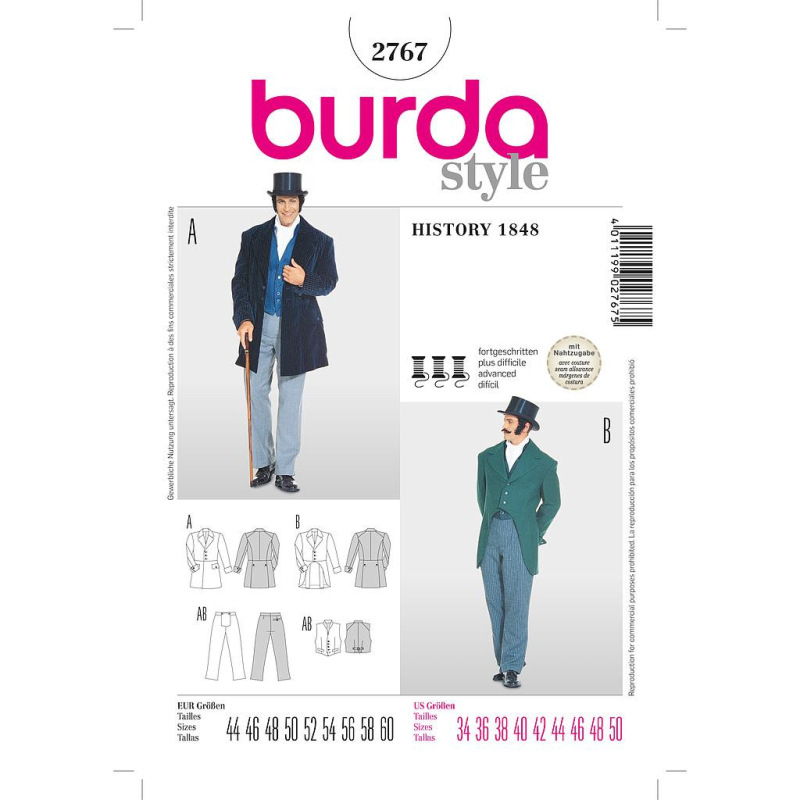 Patron Burda Cranaval 2767 - Déguisement Historique époque 1848 Homme