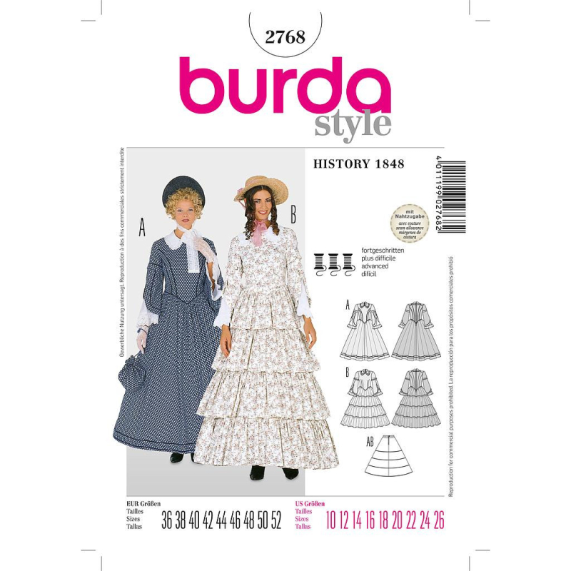 Patron Burda Carnaval 2768 - Déguisement Historique Robes 'Louis - Philippe' 1848 Femme