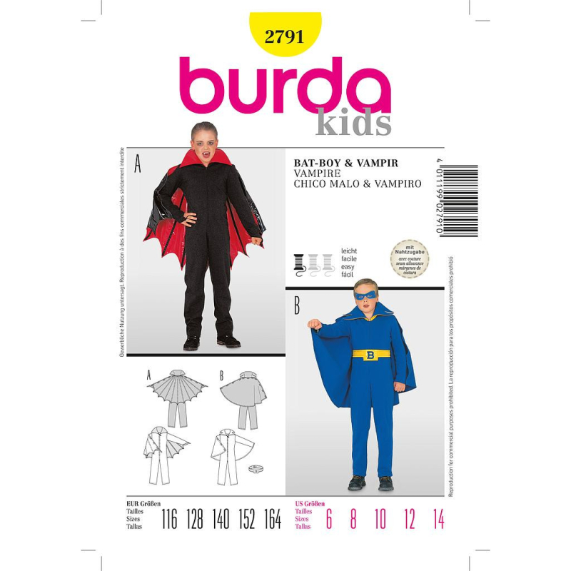 Patron Burda Carnaval 2791 - Déguisement Chauve - souris, Vampire enfant