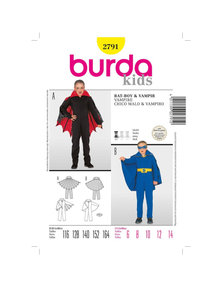 Patron Burda Carnaval 2791 - Déguisement Chauve - souris, Vampire enfant