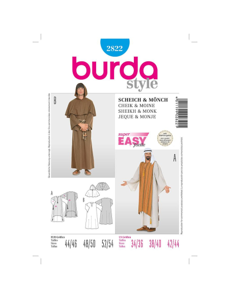 Patron Burda Carnaval 2822 - Déguisement Moine & Cheik Arabe Homme