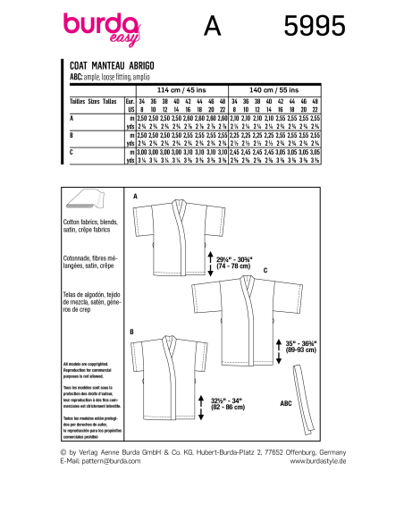 Patron Burda 5995 - Manteau Kimono Femme du 36 au 46 (FR)