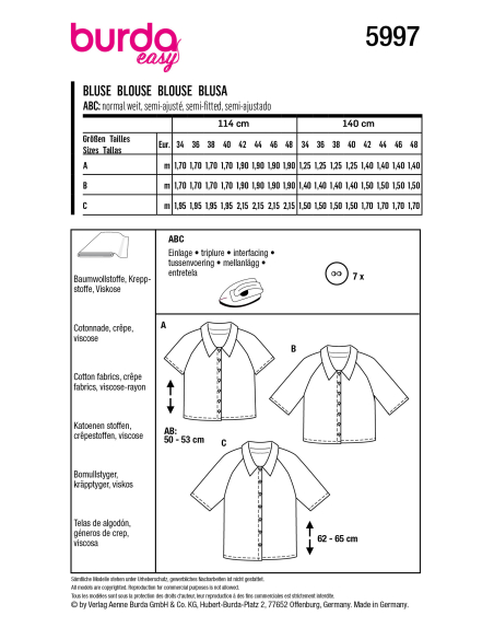 Patron Burda 5997 - Blouse manches raglan Femme