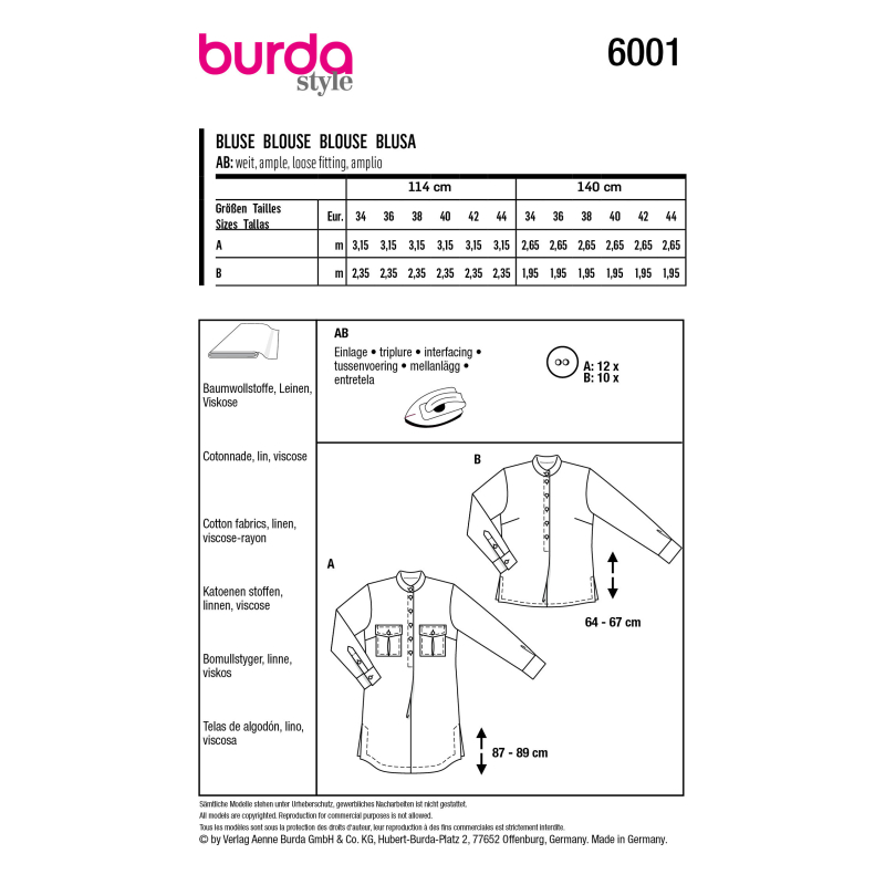 Patron Burda 6001 - Chemisier classique aux détails raffinés