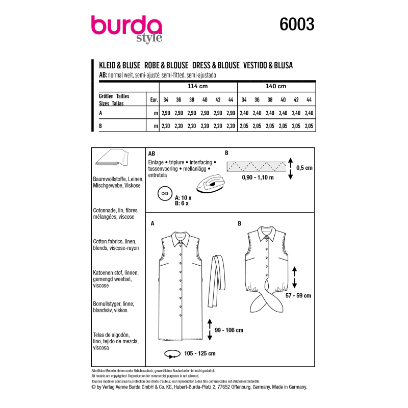 Patron Burda 6003 - Robe chemisier et Blouse