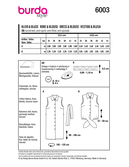 Patron Burda 6003 - Robe chemisier et Blouse