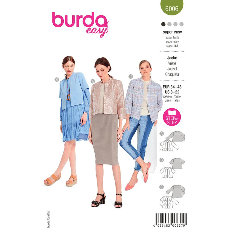 Patron Burda 6006 - Veste courte, coupe droite et col droit