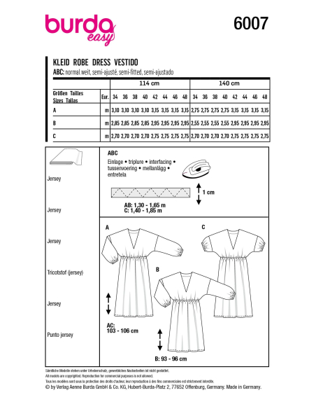 Patron Burda 6007 - Robe à enfiler, col V et élastique
