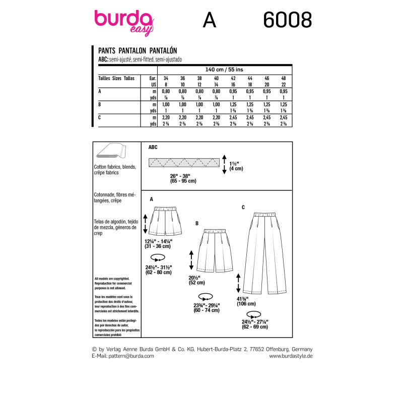 Patron Burda 6008 - Pantalon avec taille élastique