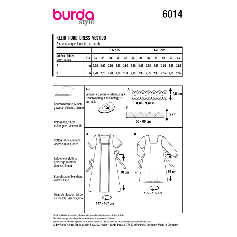 Patron Burda 6014 - Robe, encolure carré et liens à noués à la taille