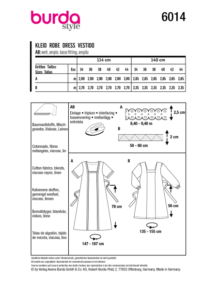 Patron Burda 6014 - Robe, encolure carré et liens à noués à la taille