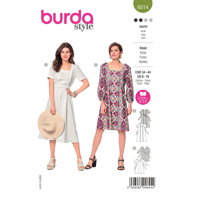 Patron Burda 6014 - Robe, encolure carré et liens à noués à la taille