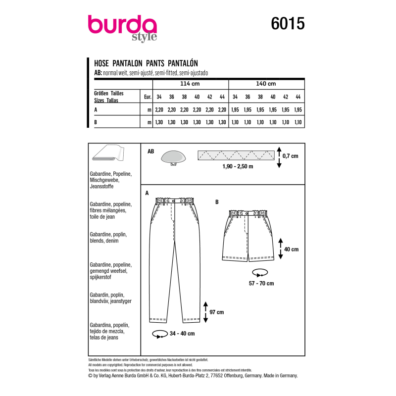 Patron Burda 6015 - Pantalon à taille élastique coupe cônique et Short